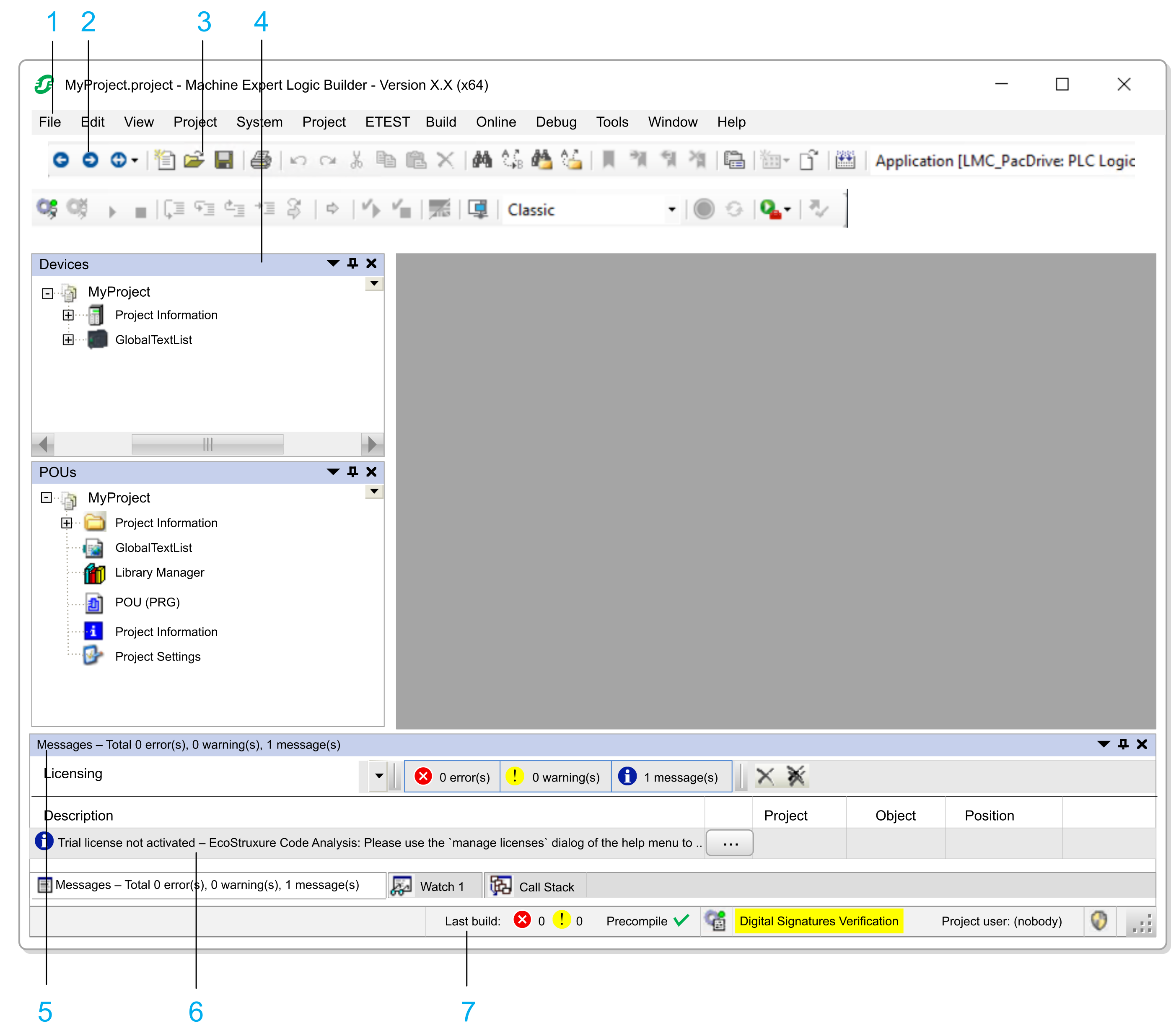 Elements of the EcoStruxure Machine Expert Logic Builder Screen